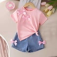 thumbnail image 2 of 4-7 Years Toddler Kids Girls' Summer Outfit Sets Crew Neck Basic Tee And Washed Denim Elastic Waist Shorts Set 2pcs Clothes with Pockets, 2 of 9