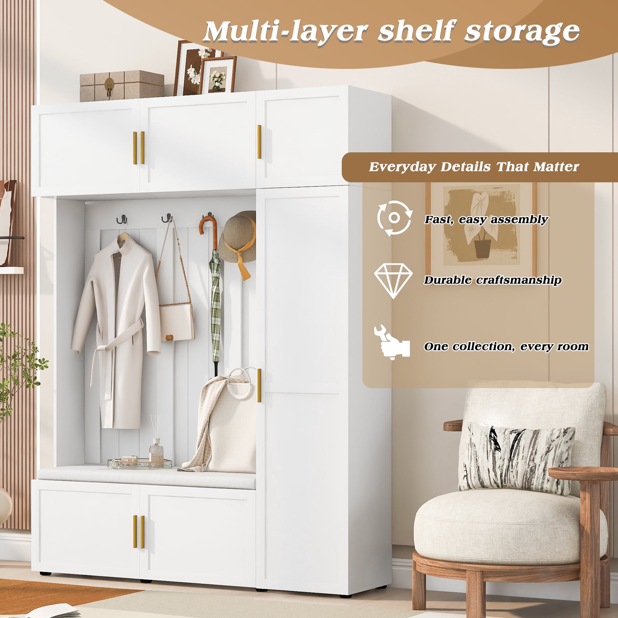 Mintazer All‑in‑One Hall Tree with Cushioned Shoe Bench & Hooks, Entryway Storage Organizer with Cabinets & Open Shelves for Mudroom Hallway, White