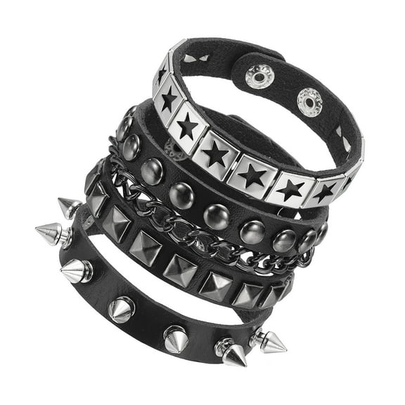 Uxcell 3Pcs Rock Punk Studded Leather Bracelet Set, 8.7" Goth Spiked Cuff Wristband Adjustable Bracelets for Emo Grunge Accessories Halloween Party Favors, Black