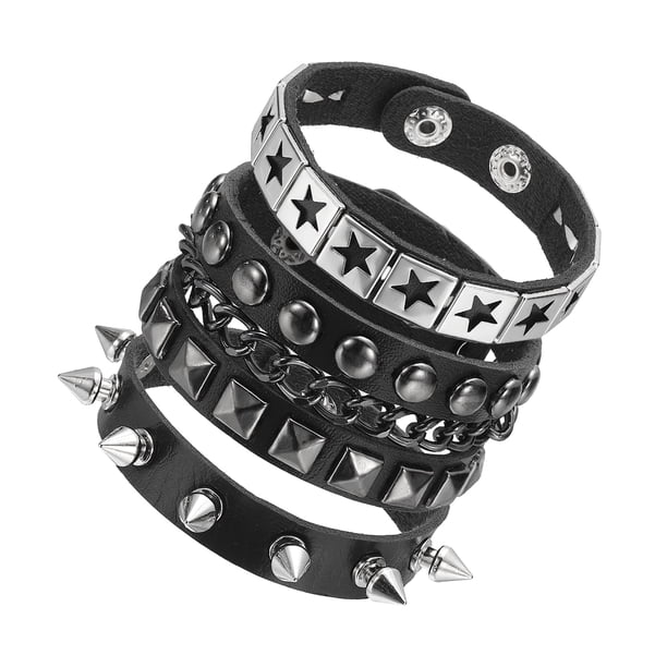 Conjunto de pulseras de cuero con picos Rock Punk de 3 piezas Uxcell, pulsera ajustable de 8.7" para accesorios emo grunge, favores de fiesta de Halloween, negro