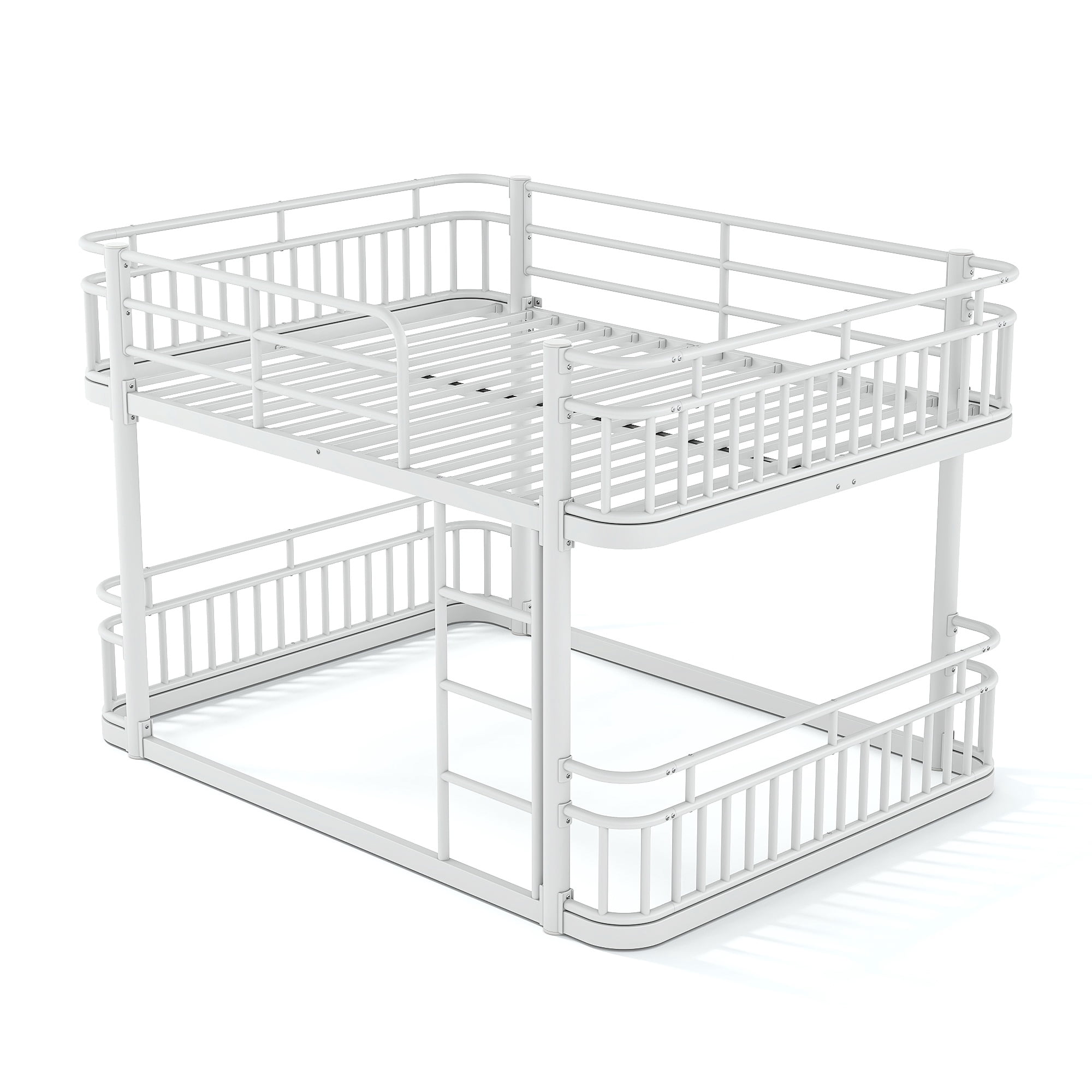 Queen Over Queen Bunk Bed 81.5 Inch, Metal Bed Frame with Ladder and Guardrails for Kids Teens Adults, Sturdy Round Pipe Construction, No Box Spring Needed, White