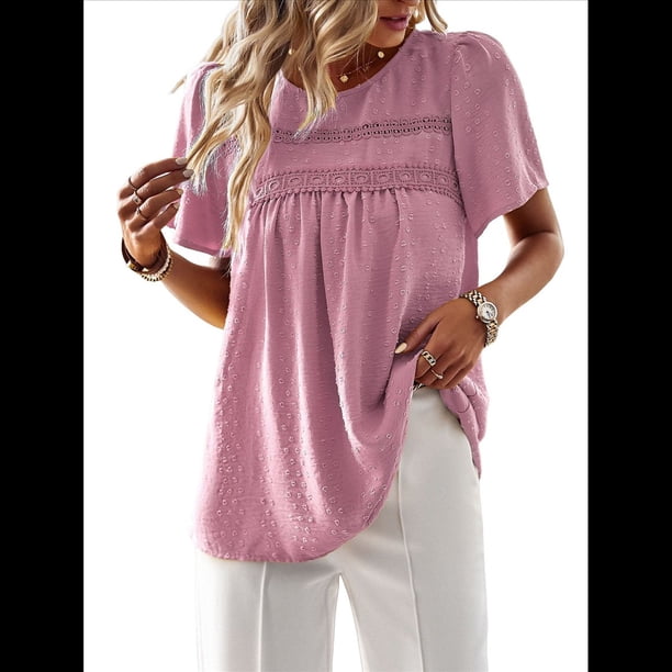 Blusas de Verano para Mujer, Cuello Redondo, Corta, Blusas Casuales de con Dobladillo de Encaje Fluido, Ropa de Moda 2025 Rosa L