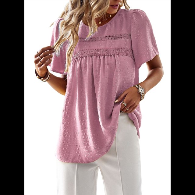 Blusas de Verano para Mujer, Cuello Redondo, Corta, Blusas Casuales de con Dobladillo de Encaje Fluido, Ropa de Moda 2025 Rosa L