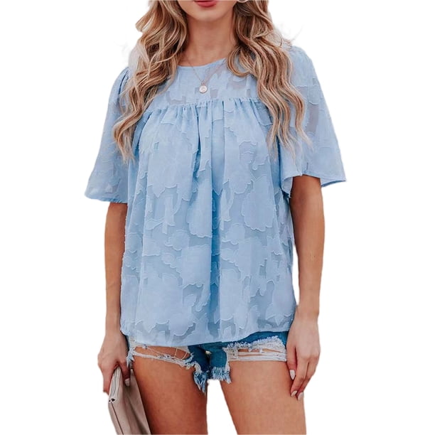 VISgogo, camisetas de gasa de verano para mujer, camisetas de manga corta acampanadas informales holgadas de encaje de Color sólido, ropa de calle para el día a día VISgogo moda