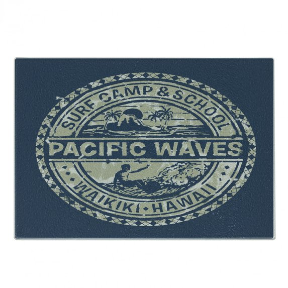 Modern Cutting Board, Pacific Waves Surf Camp and Hawaii Logo Motif Effects Design, Decorative Tempered Glass Cutting and Serving Board, Small Size, Khaki Slate Blue, by Ambesonne