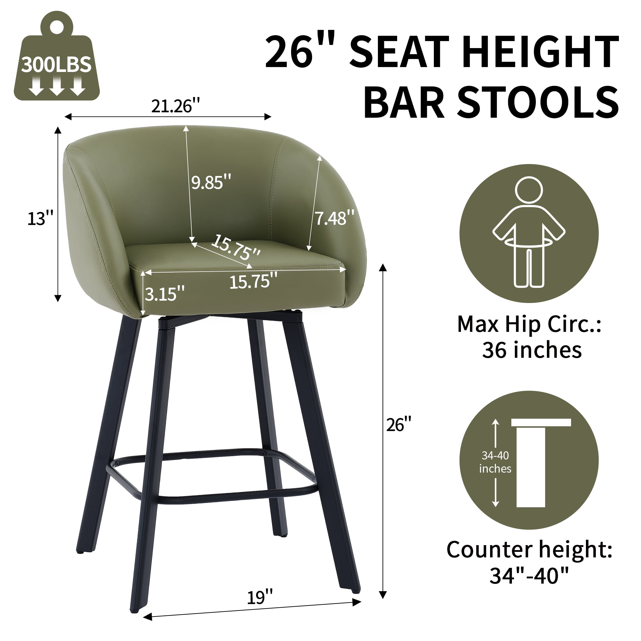 FIRAVOE Bar Stools Set of 2, Swivel Counter Height Bar Stools with Back & Arms (26") Modern Faux Leather Bar Chairs for Kitchen Island, Green