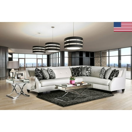 Modern Off-White Sectional High Shine Fabric Welting Trim Sloped Arms Crystal Acrylic button Pillows Made In
