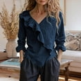 thumbnail image 5 of ManxiVoo Women's Linen Long Sleeve Shirt Lightweight Button Down Top Breathable and Loose for Summer and Resort Wear M Size Navy, 5 of 6