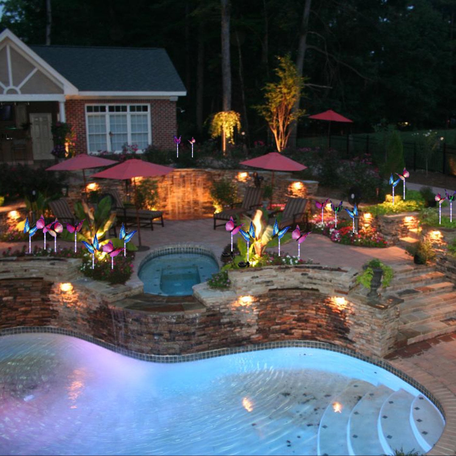Garden Solar Lights Outdoor, 3 Pack Solar Stake Lights Multi-Color Changing LED Butterfly, Fiber Optic Decorative Lights for Yard,