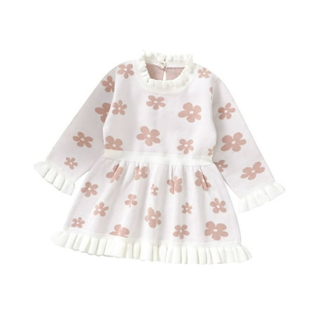 

Little Girls Summer Dresses Baby Toddler Kids Girls Long Sleeve Sweaters Warm Skirt Cotton Cute Floral Dress Everyday Dresses White 74