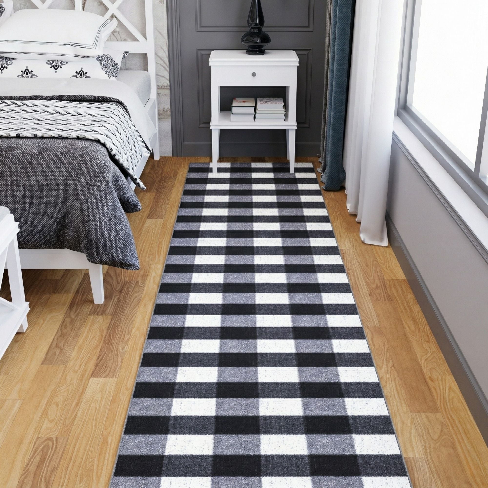 Ottomanson Extra Long Runner Rug 2'7" x 41' – Non-Slip Low Pile Hallway Carpet, Buffalo Plaid Black/White