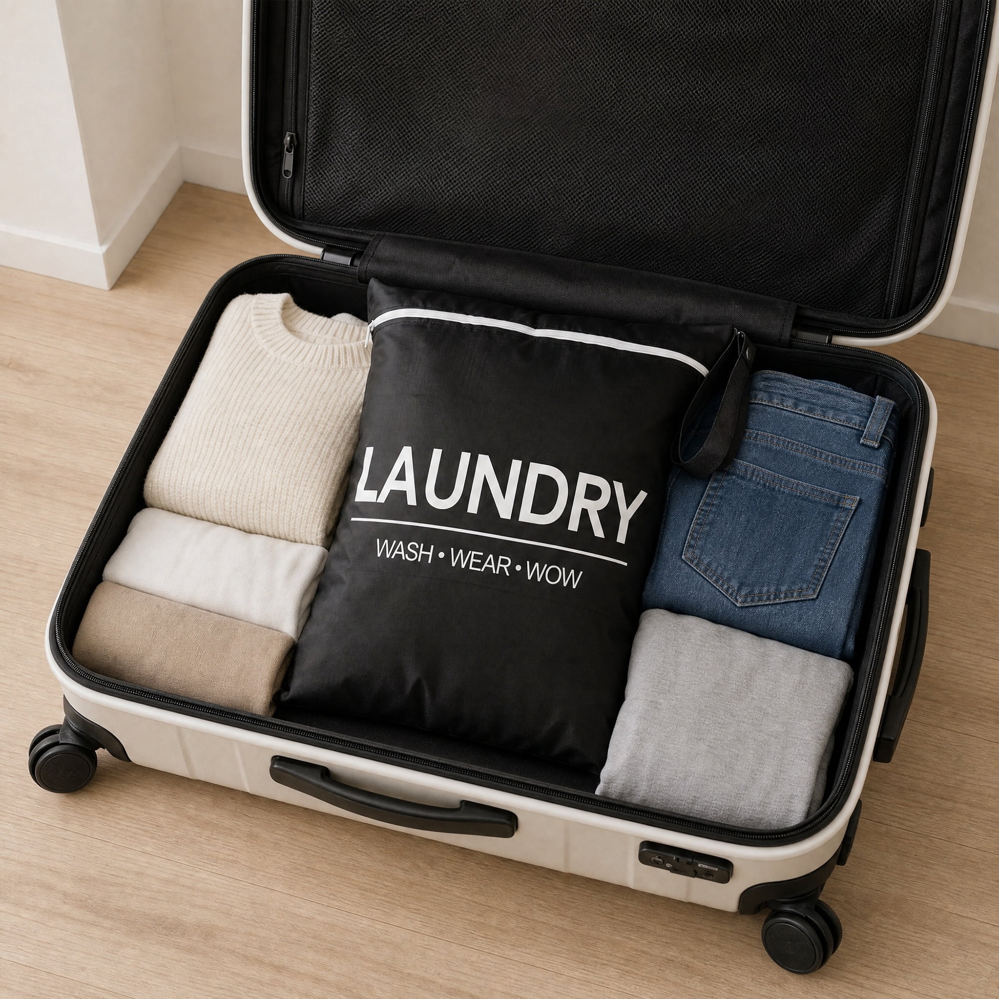 Unique Bargains 2Pcs Oxford Cloth Zipper Mesh Clothes Laundry Bag Black-White 15"x18.9"