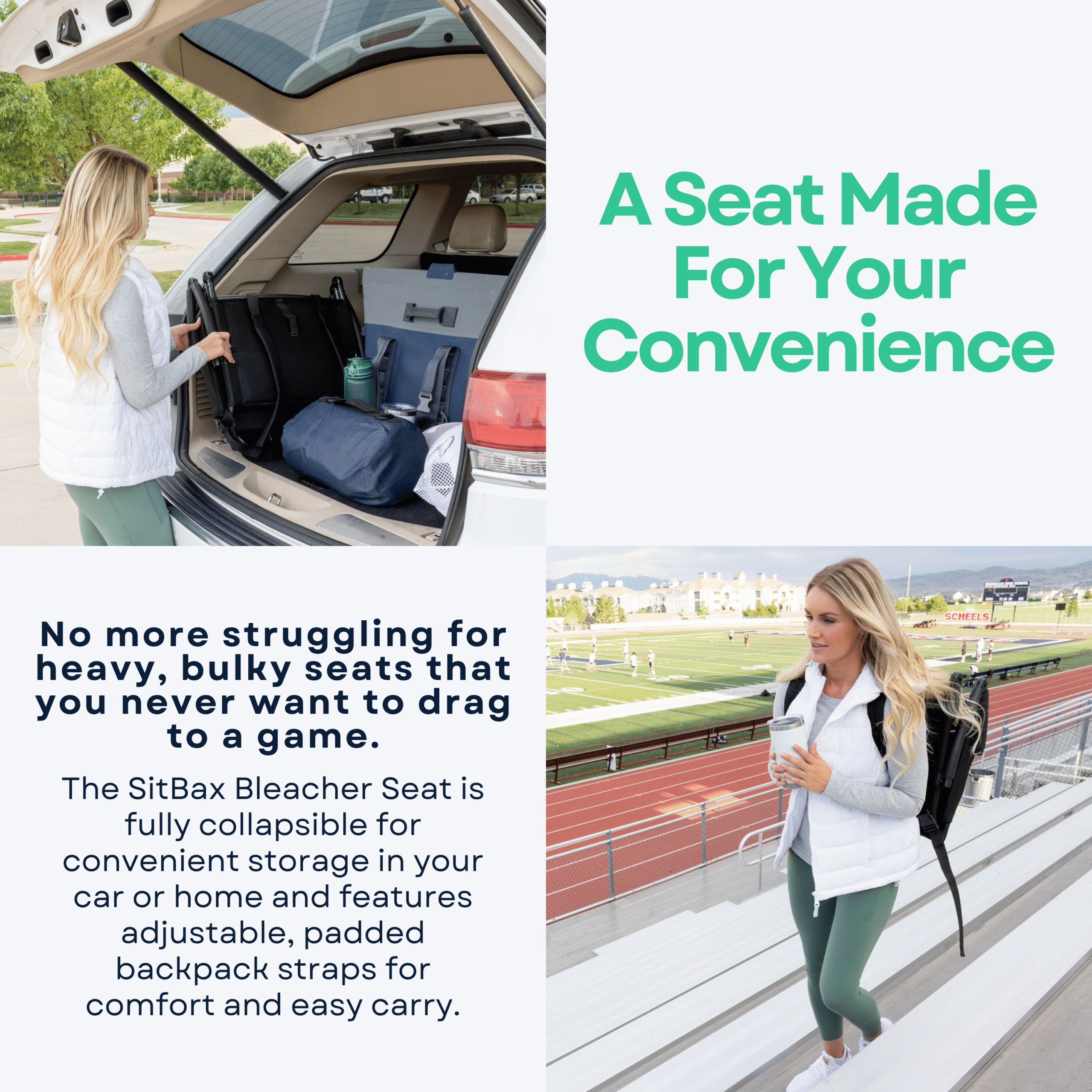 Padded Bleacher Seat-Reclining Stadium Chair with Back & Neck Support & Swivel- Patent Pending-Black