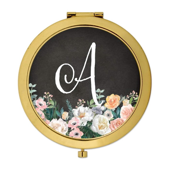 Koyal Wholesale Gold Compact Mirror Bridesmaid's Wedding Gift, Peach Flower Florals on Chalkboard, Monogram Letter A