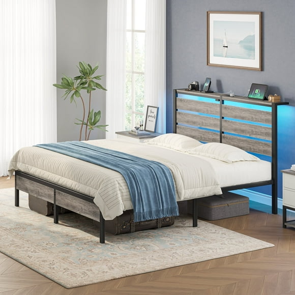 Greenstell Queen Size Platform Bed Frame with Storage Headboard, LED Lights & USB Charging Station, Metal Bed Frame Light Grey