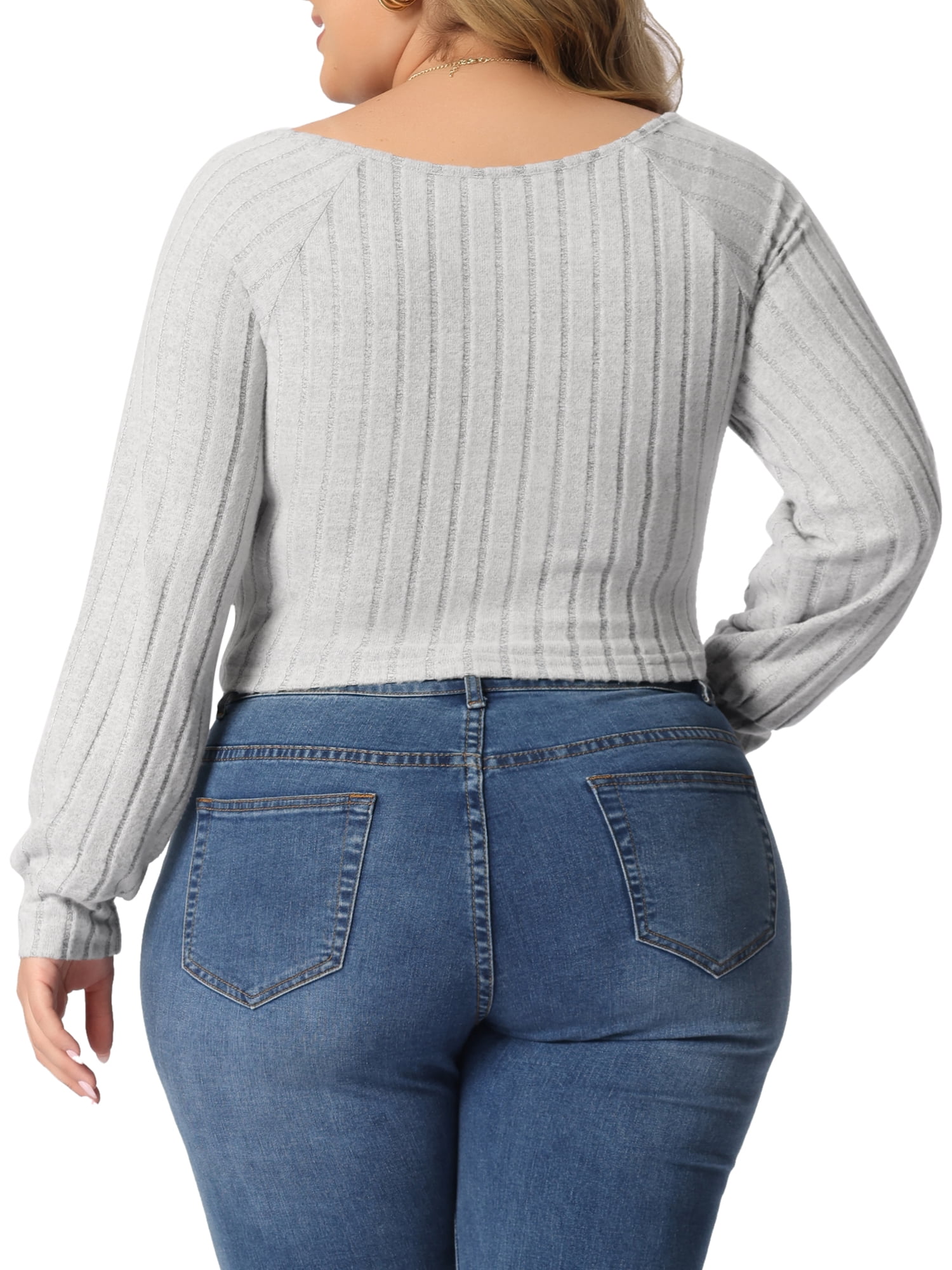 Unique Bargains Women's Plus Size Blouse Square Neck Long Sleeve Cropped Tops 2X Gray