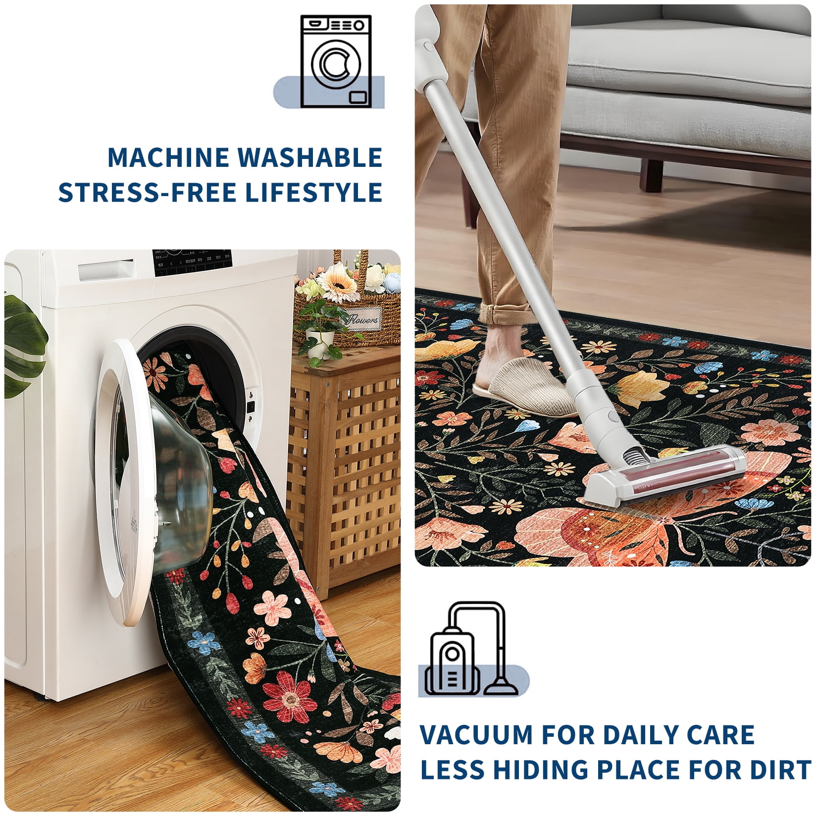 HOMERRY Floral Black Rug for Living Room 10x13 Washable Butterfly Pattern Bedroom Indoor Modern Carpet