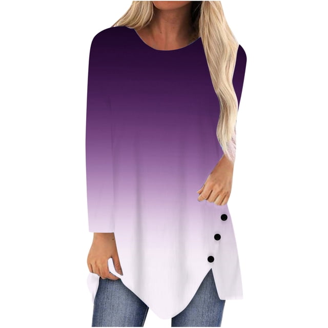 Camisas Para Mujer Casual Gradiente Impreso Manga Larga Cuello Redondo Botones Irregular Pullover Blusa Tops Odeerbi ODB129585