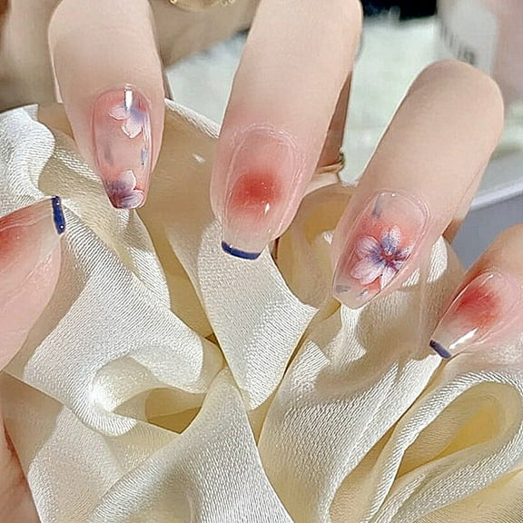 24pcs Press On False Nails Fake Nail Salon Full Cover Design for Women Girls Gift Coffin French Style Blue Smile Line Flowers