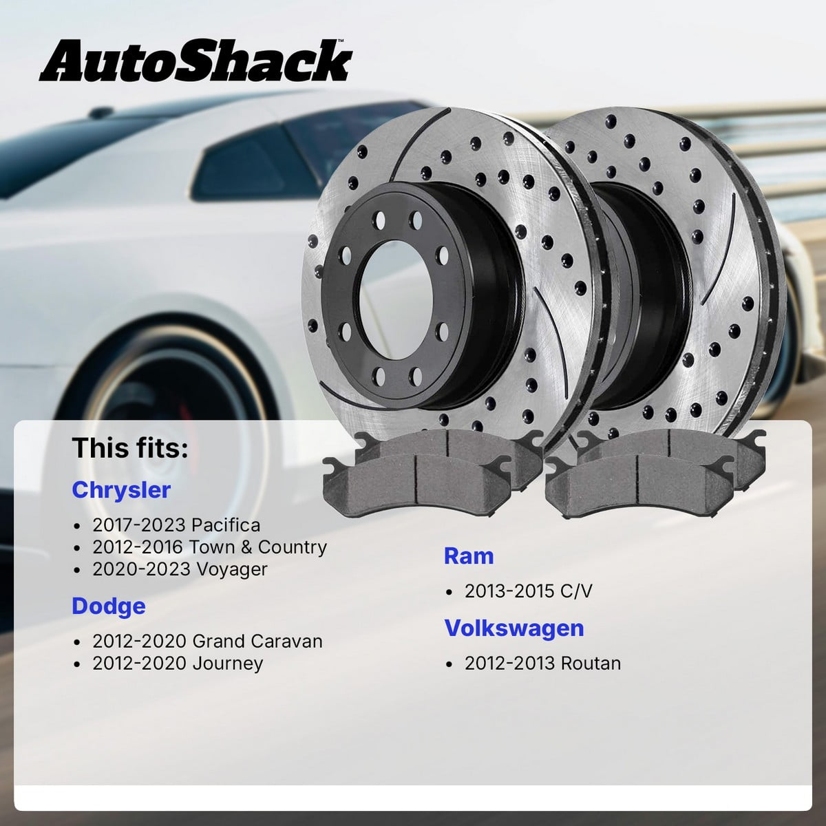 AutoShack Front Brake Rotors & Ceramic Pads for Dodge, Grand Caravan 2012-2020 Journey 2012-2020, FWD AWD L4 2.4L V6 3.6L - E-Coated Drilled & Slotted - ShadowGuard - 12.99" (330 mm), 5-Lug