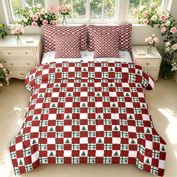 Manfei Classic Plaid 7-Piece Twin Bedding,Festive Christmas Bedding Comforter Set,Red White Green,Christmas Reversible