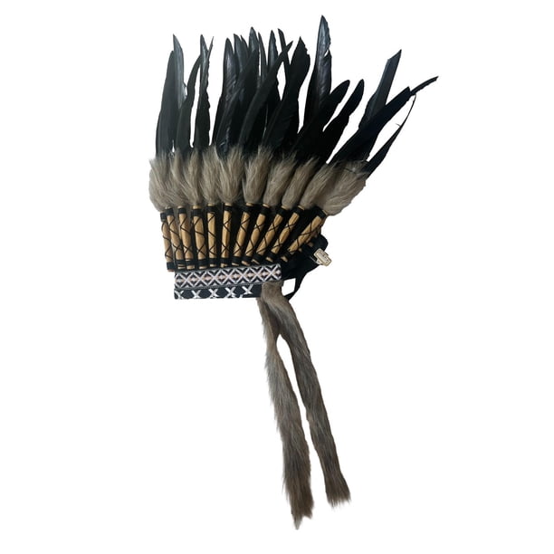 Sombrero indio, tocado de plumas, disfraz para hombres y mujeres, diadema, tocado para disfraces, disfraces, espectáculo de Halloween, Cosplay Negro Gris