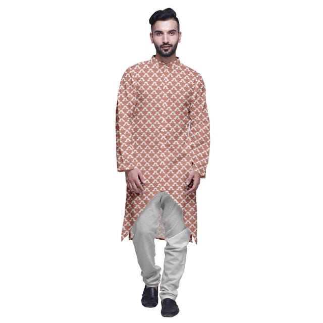 Atasi Button Down Asymmetrical Kurta For Men Printed Mandarin Long Sleeve Shirt