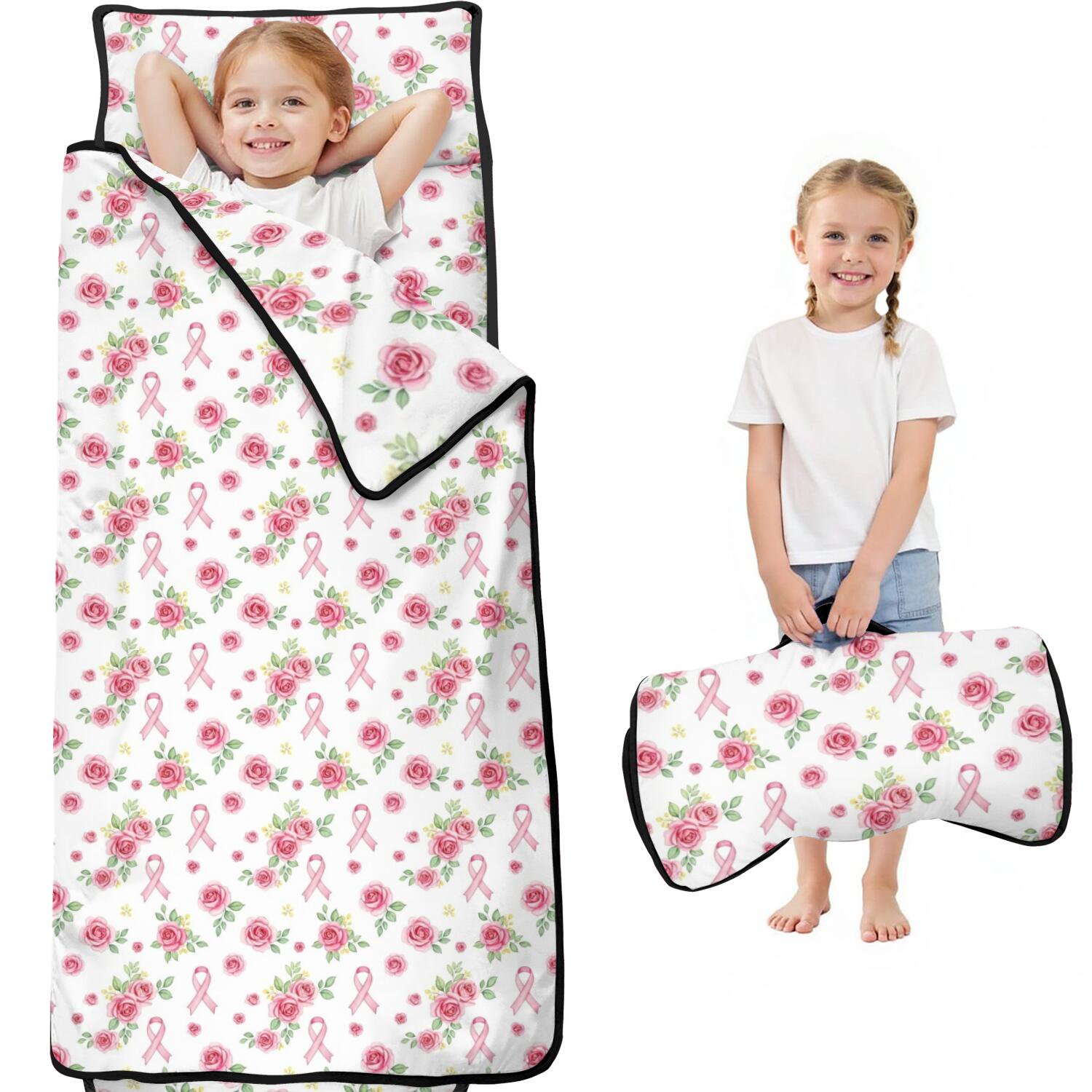 Breast Cancer Ribbon Rose White Pattern Kids Nap Mat Preschool Sleeping Pad with Handle & Fastening Straps Soft Skin Friendly Gifts for Daycare Preschool 60 x20