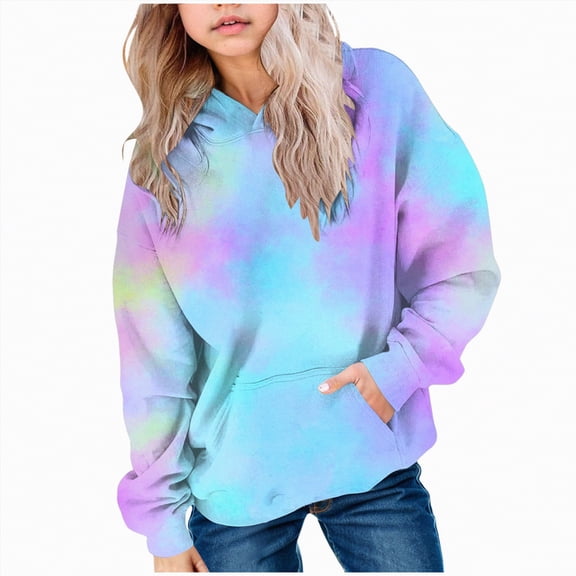 Towmus Cute Hoodies for Teen Girls Tie-Dye Hooded Thickened Warm Sweatshirts Pullover Blouse Tops Out With Pockets 1-14 Years