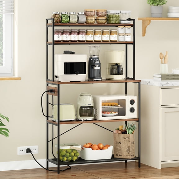 Lisonu 5-Tier Bakers Rack with Built-In Power Outlets, 39 Inch Microwave Stand & Coffee Bar, Walnut Engineered Wood Kitchen Storage Shelf and Counter Space Organizer