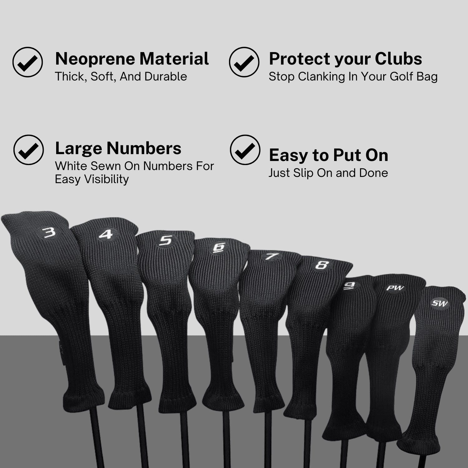 Majek All Hybrid Golf Club Black Headcover Set 3-SW. Neoprene Acrylic Head Covers 3 4 5 6 7 8 9 PW SW