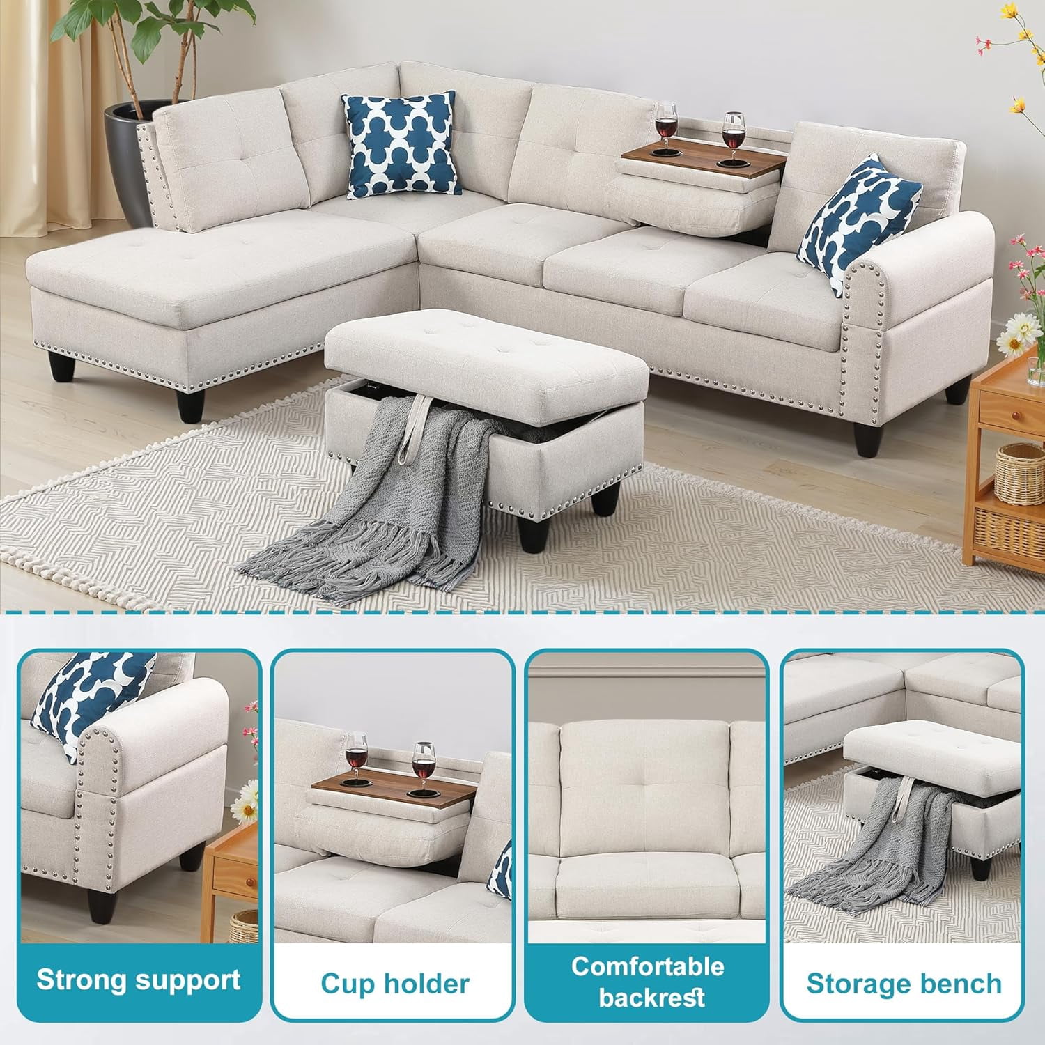 AENKYO 98" L-Shaped Sectional Sofa with Reversible Chaise, Storage Ottoman & Cup Holders, Faux Leather, Beige
