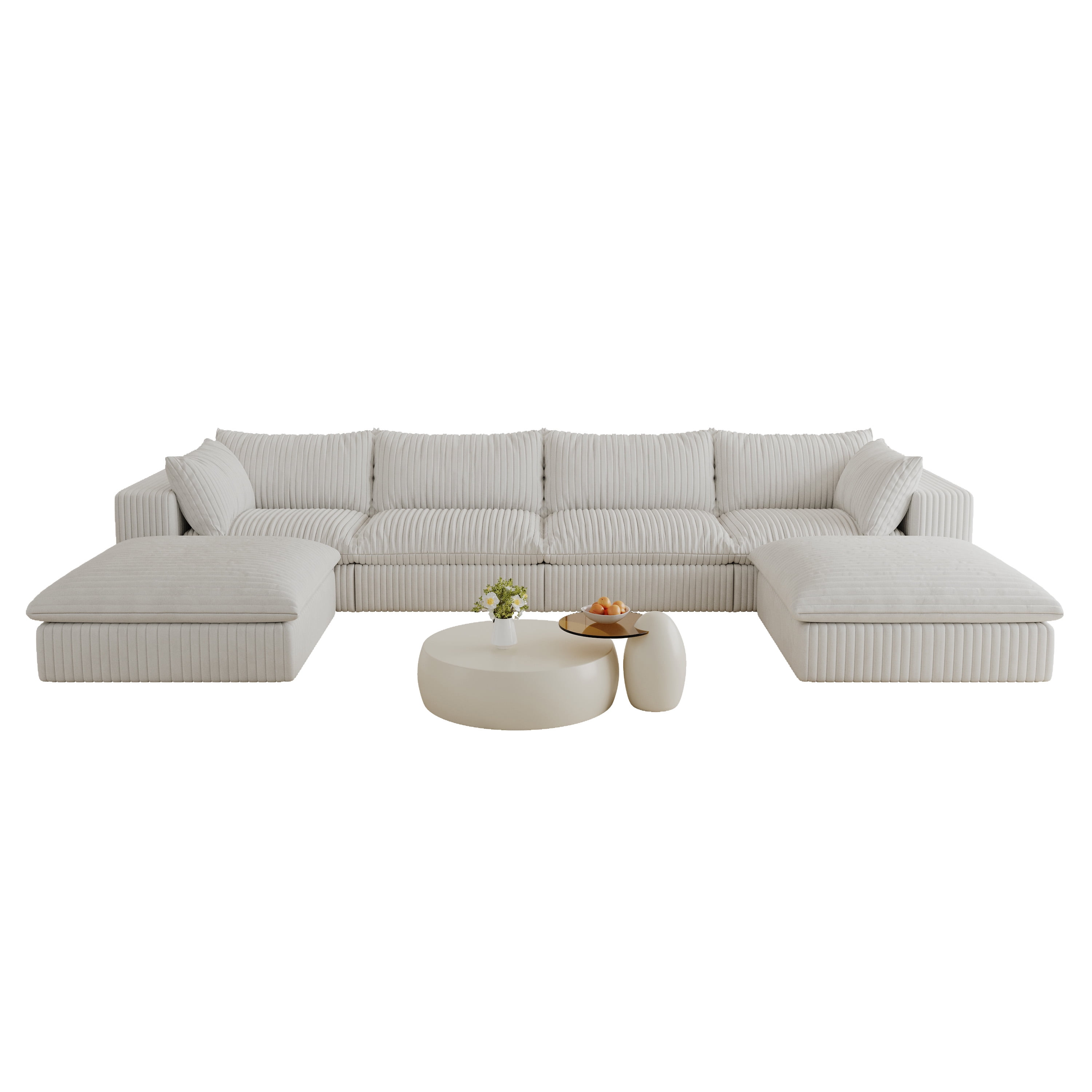 MAYEERTY 157.6" Cloud Sofa White Corduroy Deep Seat Double-Layer Removable Cushion No Assembly Multi-Rooms