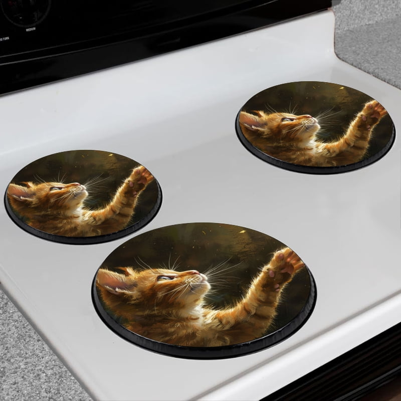 BaHomeck Electric Stove Burner Covers Set of 4,Round Metal Gas Stove Burner Covers 8 Inch and 10 Inch,Kitchen Decor,Cute Cat Reaching Up Paws With The Sunlight Shines