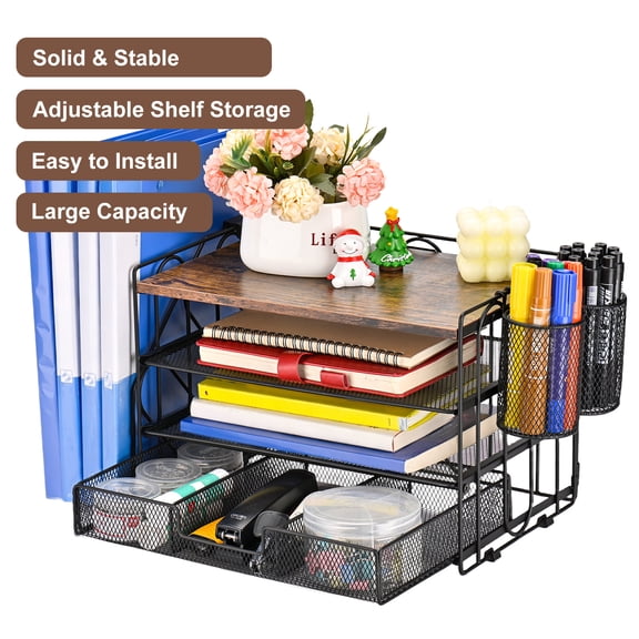 All-in-One Desktop Organizer Set, 4-Tier Desk Organizers Office Accessories with Drawer, File Holders and 2 Pen Holder for Office Supplies