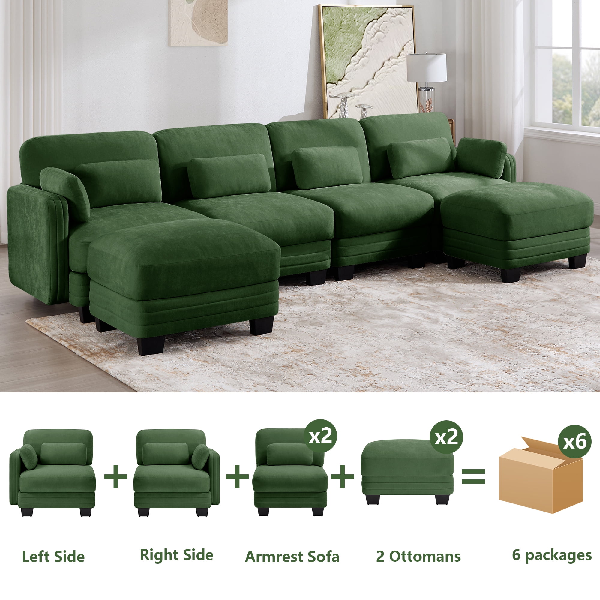 130" U-shaped Tufted Modern Modular Sectional 4 Seater Sofa Couch with 2 Ottomans and 6 Pillows