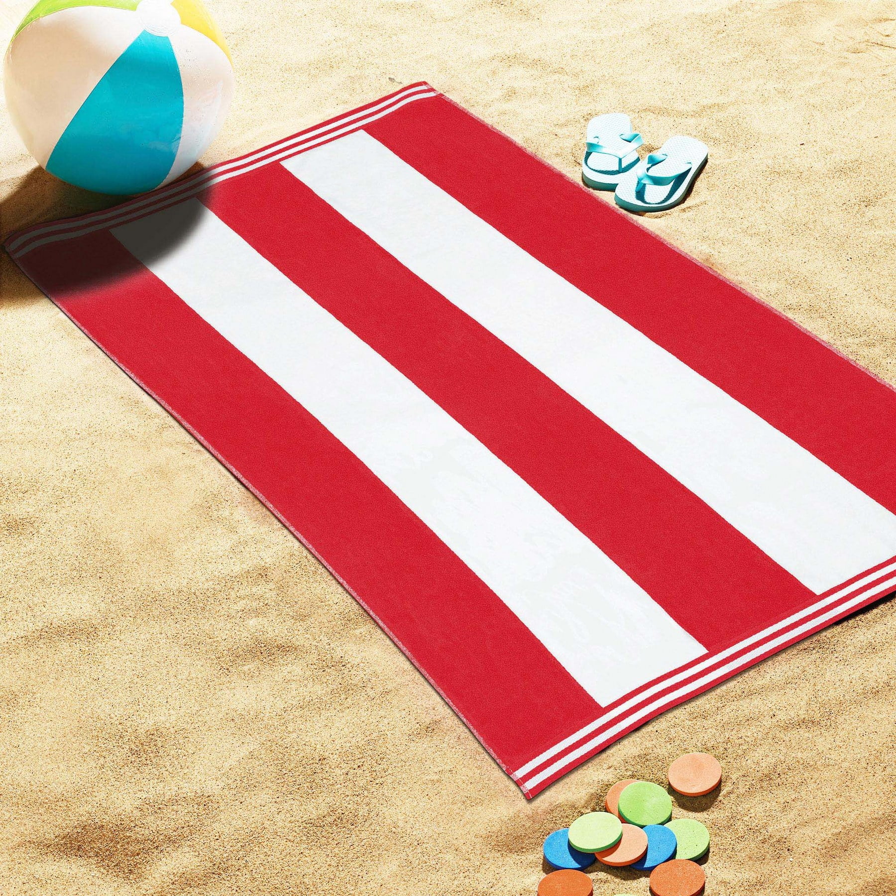 Superior Cabana Striped 1-Piece Oversized Cotton Beach Towel, Red