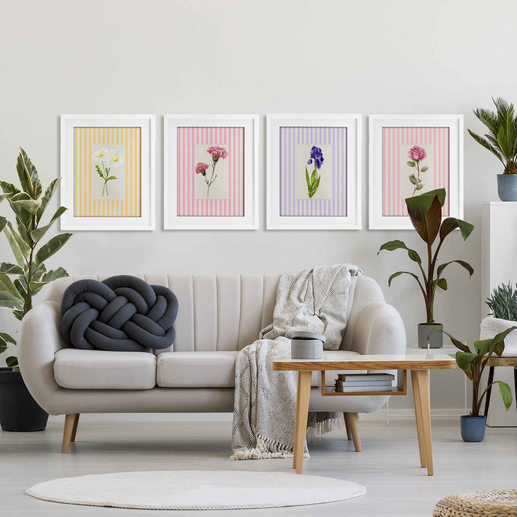 Cottage Stripe Sprigs 4 Piece White Framed Print Under Glass Set, design by Lisa Wehmeyer