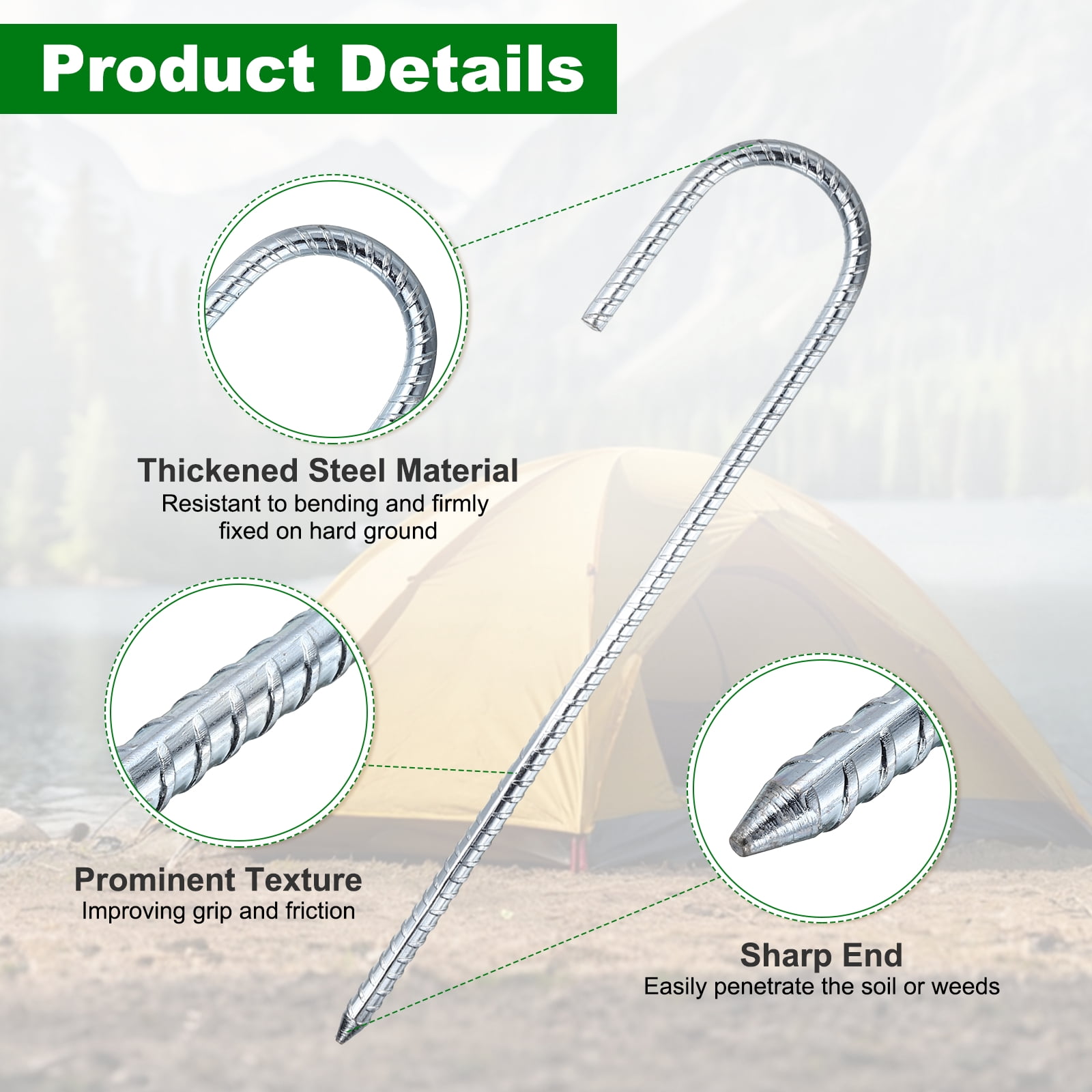 8 Pack Ground Stakes Heavy Duty J Shaped Stakes, 12 Inch Steel Tent Pegs 0.31" Dia J Hook Ground Anchors Link Fence Spikes with Chisel Point End for Garden Camping Gazebo, Silver