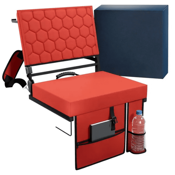Folding Reclining Stadium Seat with Back Support for Bleachers 3 Reclining Positions Portable Outdoor Cushioned Chair with Storage Pockets Cup Holder Bleacher Hook