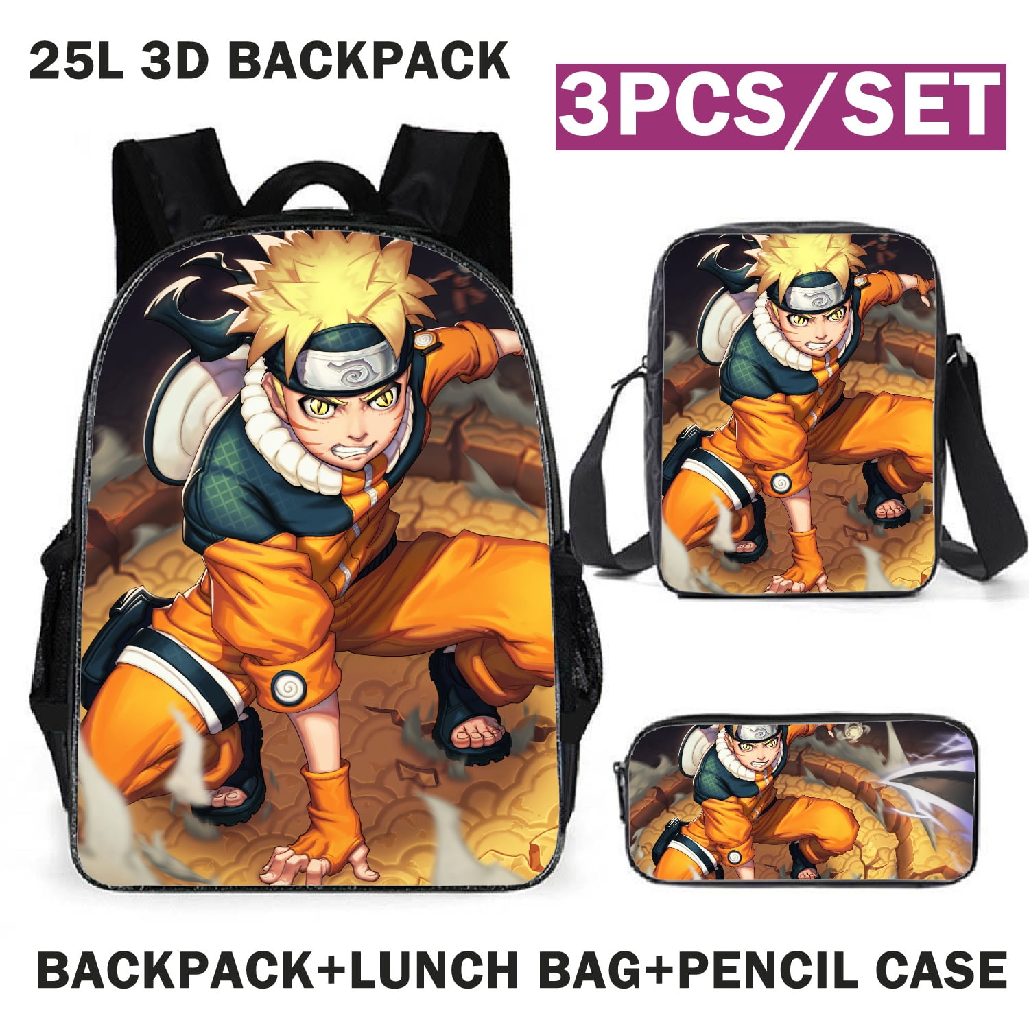 Kufutee 3 Pcs Naruto Backpack 16" Anime Travel Bags Bookbag 3d Printed
