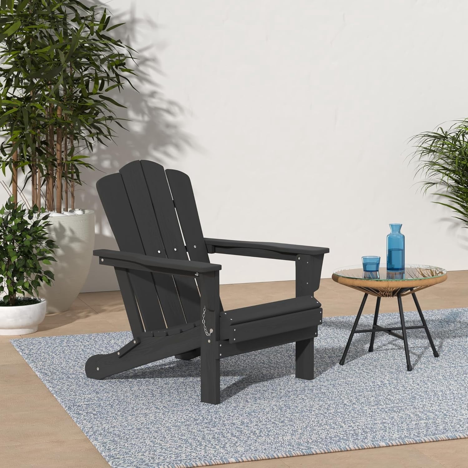 SONGMY Folding Adirondack Chair, HDPE All-Weather Patio Chairs, Wooden Textured Lawn Chair for Poolside, Backyard, Deck, Fire Pit, Black