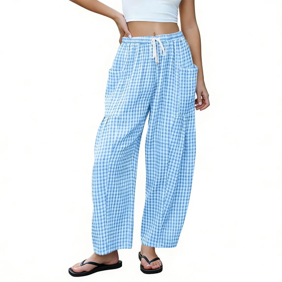 Ayolanni Boho Women's Pants Gingham Stretch Wide Leg Pants Girls Blue Drawstring Elastic Waist Loose Trousers with Pockets XXL