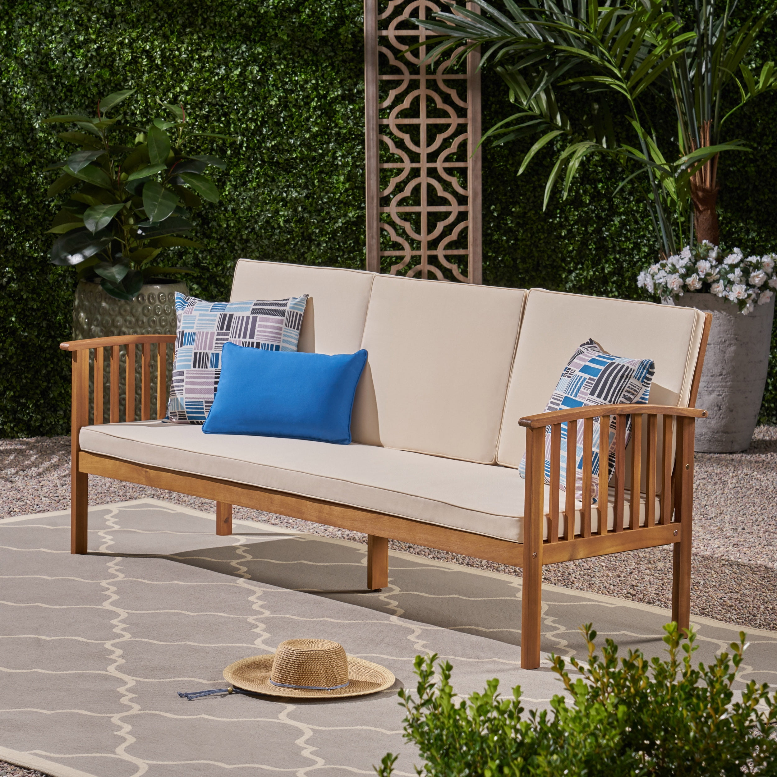 Outdoor 3 Seater Leisure Sofa, Solid Acacia Wood Frame Outdoor Couch for Patio Garden, Teak and Beige