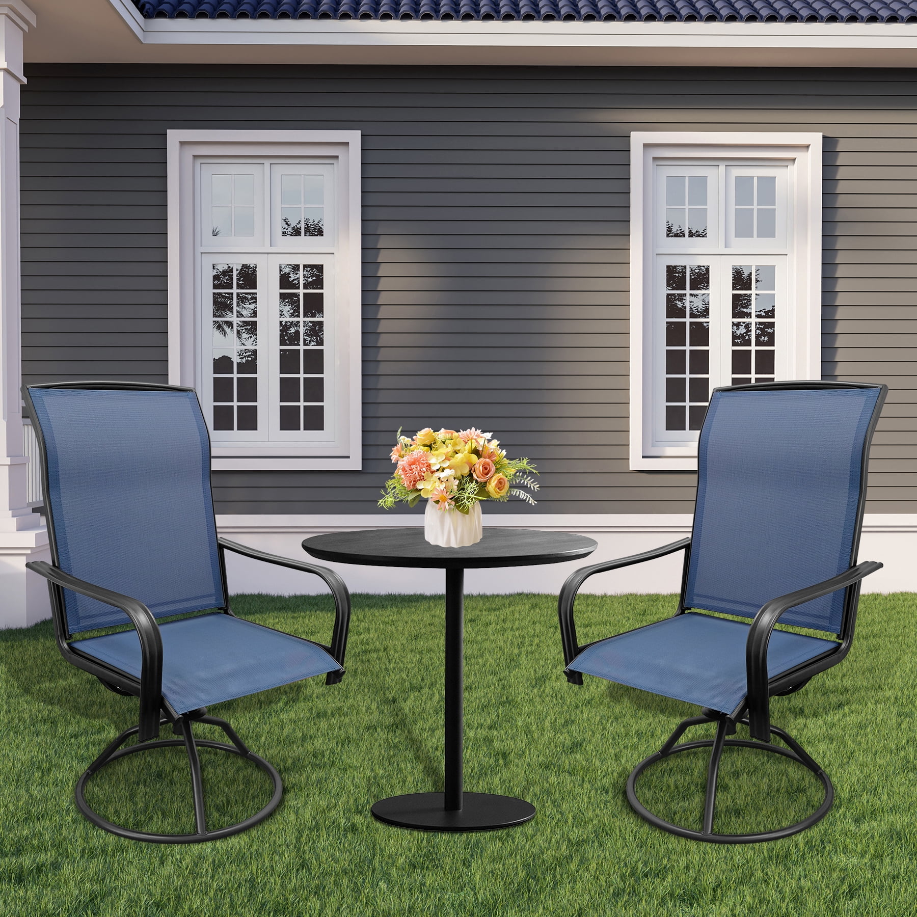 Set of 2 Patio Swivel Dinning Chairs: 360°Swivel & 15° Rocking Motion, Ergonomic High-Back with Weatherproof Teslin Fabric & Metal Frame for Backyard, Poolside, Garden & Porch