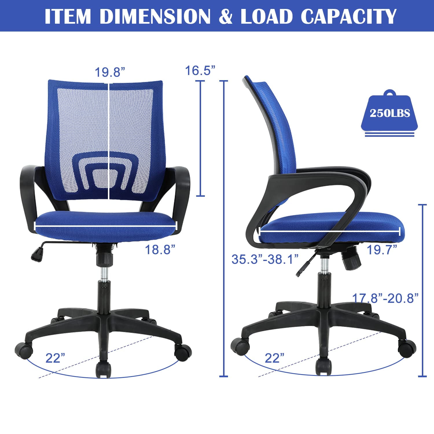 CL.HPAHKL Ergonomic Task Office Chair, Mesh Computer Chair with Lumbar Support Adjustable Mid Back Swivel Rolling Chair with Armrests, Ideal for Home Office & Study, Blue
