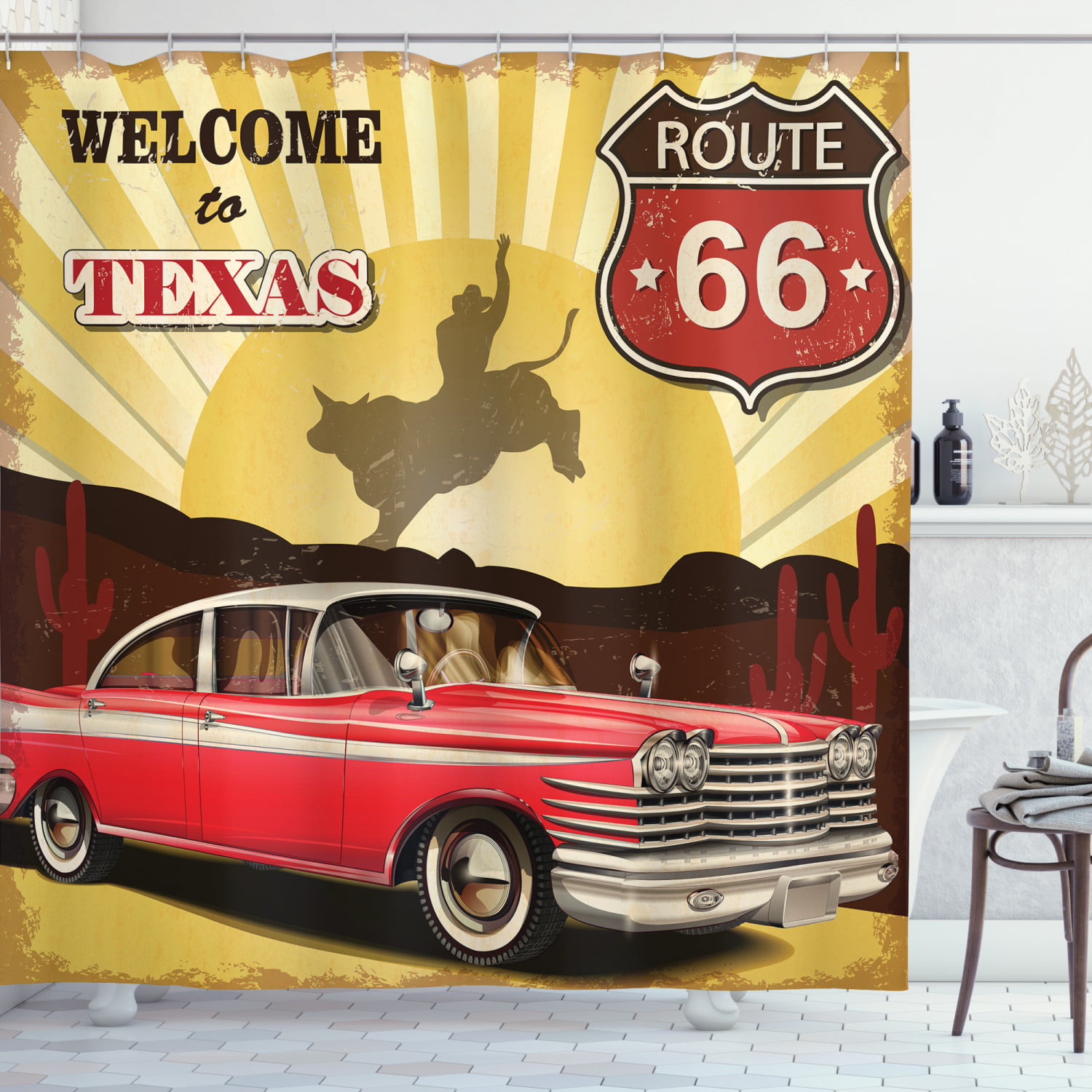 Car Weclome to New Mexico Route 66 Bathroom Decor Fabric Shower Curtain Set 71In