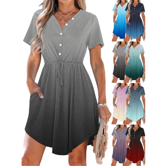 Summer Sun Dresses for Womens 2027 Plus Size Fashion Casual V-Neck Short Sleeve Drawstring Dresses With Pockets