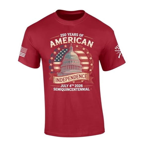 Patriot Pride Men's 250 Years of American Independence Semiquincentennial Short Sleeve T-Shirt, Patriotic Shirts for Men, Cardinal-Small