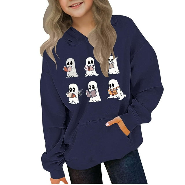 Chandail en Molleton d'Halloween pour Fille, Chandail Graphique Fantôme, Col Rond, Manches Longues
